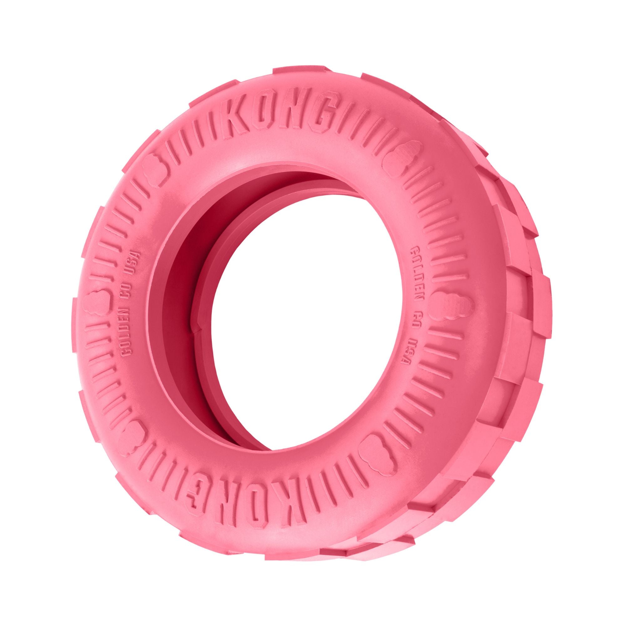 Pink KONG Puppy Tires dog toy on a white background.