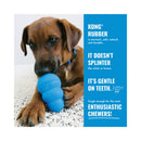 Puppy chewing a blue KONG Puppy toy with key product benefits