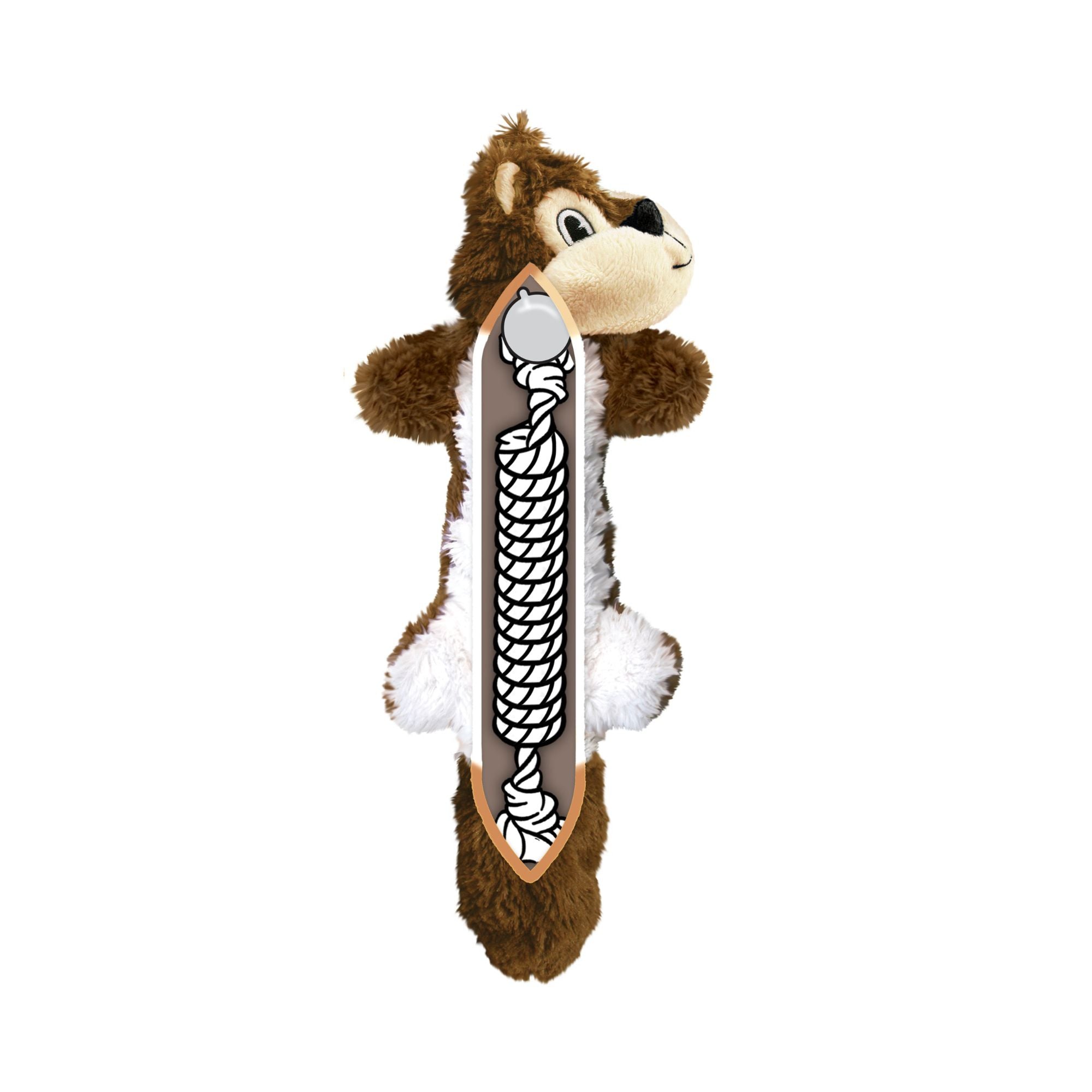 A plush KONG Scrunch Knots Squirrel dog toy with a brown and white fur pattern, featuring a transparent belly section showing a white coiled rope inside, set against a plain white background.