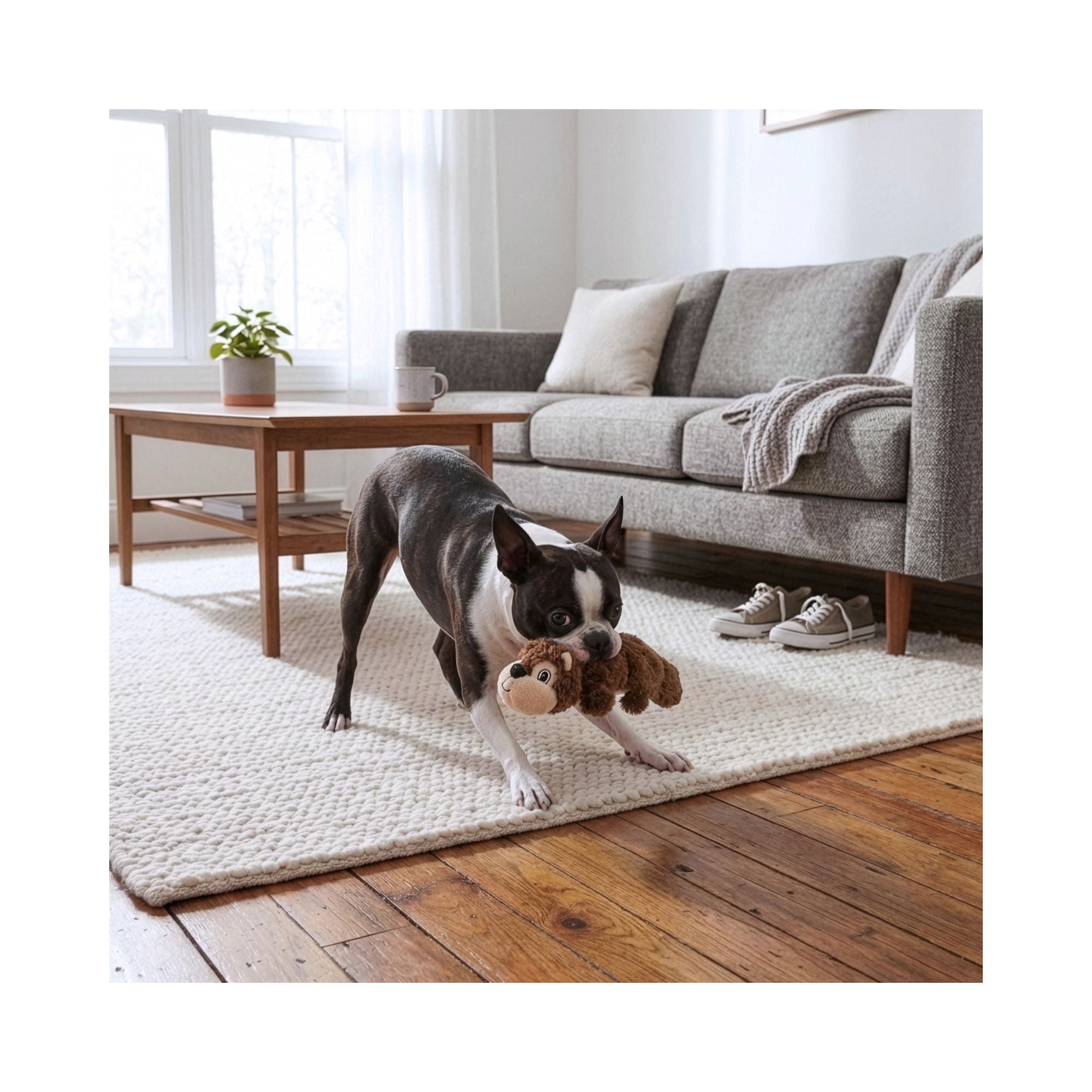 A playful dog playing with a plush KONG Scrunch Knots Squirrel toy on a cream textured area rug in a modern living room with a grey sofa and wooden floor.