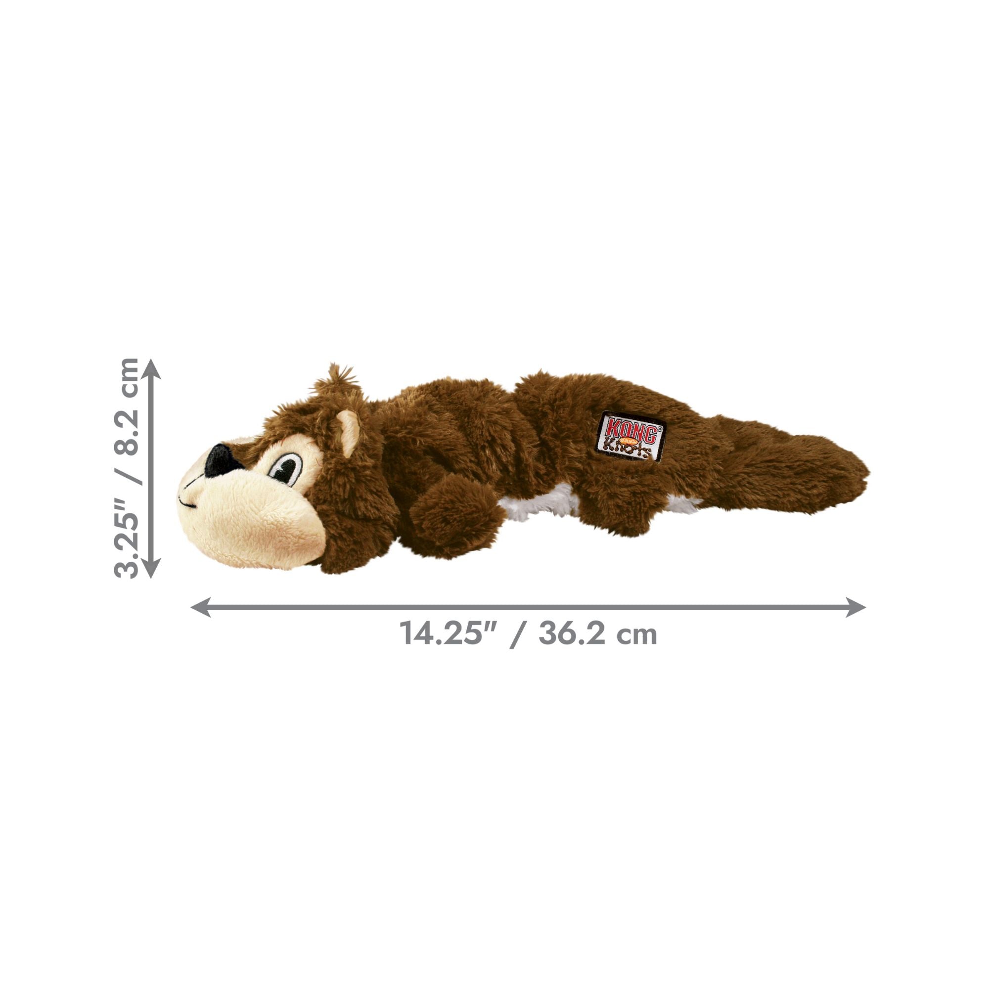 A medium-large brown plush KONG Scrunch Knots Squirrel dog toy shown on a white background with dimension arrows and text indicating its length of (36.2 cm) and height of (8.2 cm).