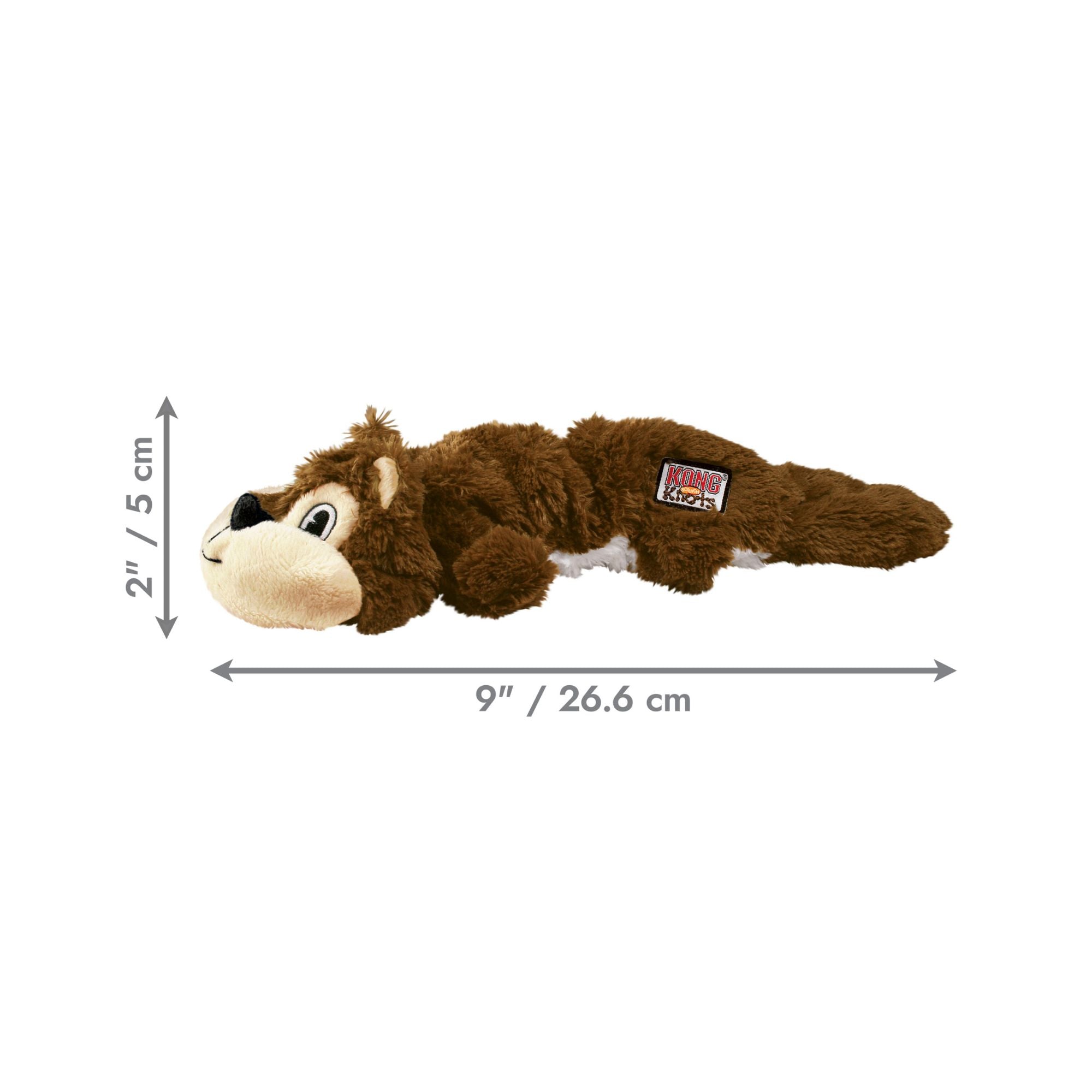 A brown small-medium sized KONG Scrunch Knots Squirrel dog toy with a cream-colored snout and white belly, with dimension arrows indicating 26.6 cm in length and 5 cm in height.