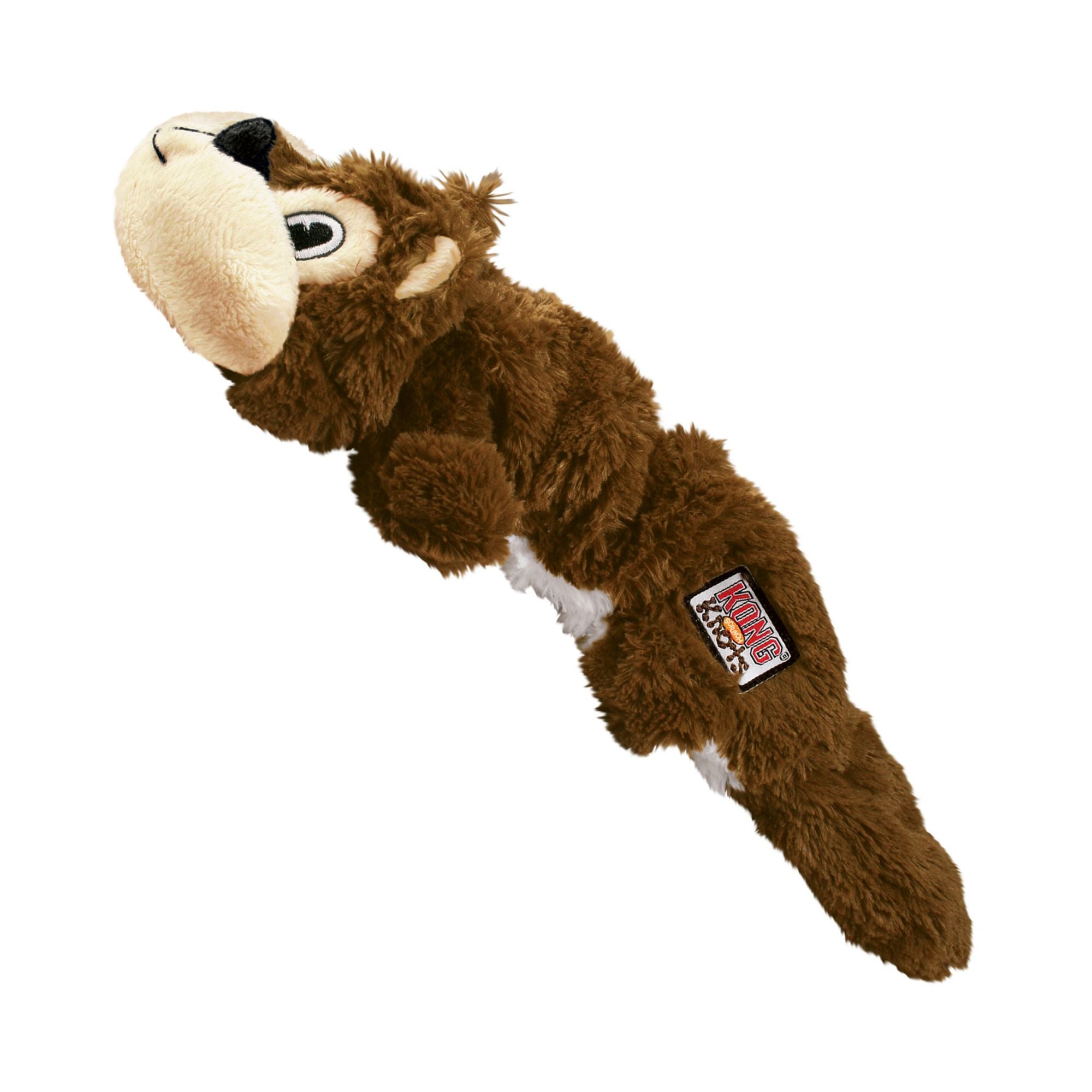 A plush KONG Scrunch Knots Squirrel dog toy in brown and cream, photographed against a solid white background. A small red and white 'KONG' brand tag is visible on its side.