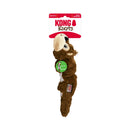 KONG Scrunch Knots Squirrel in brown plush fur with a cream-colored snout and black nose, hanging from its original retail card packaging on a white background.