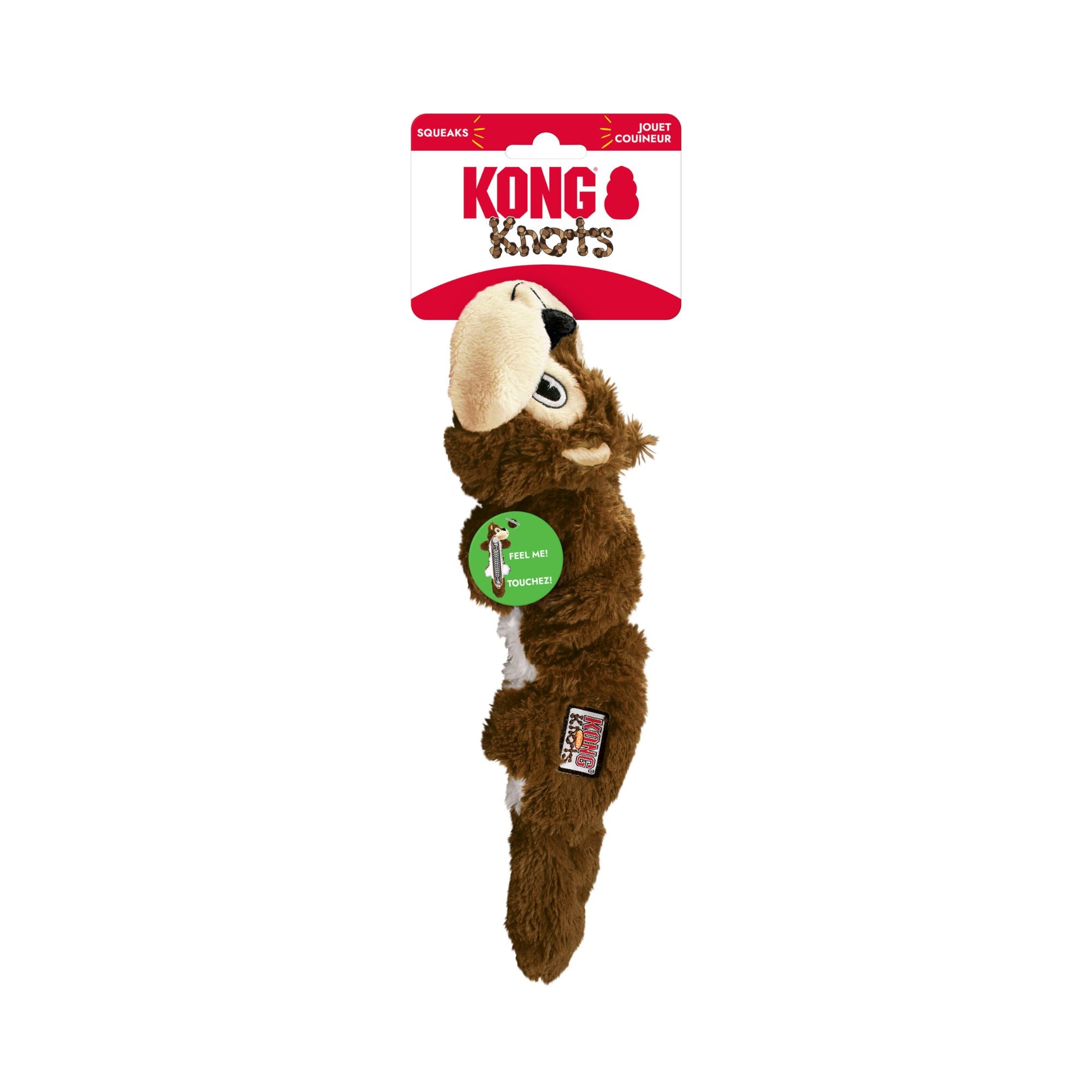 KONG Scrunch Knots Squirrel in brown plush fur with a cream-colored snout and black nose, hanging from its original retail card packaging on a white background.