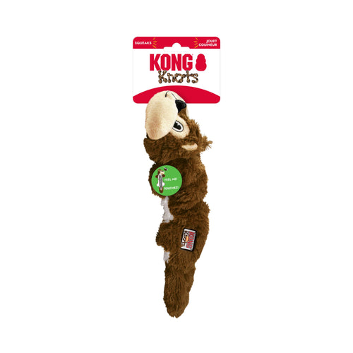 KONG Scrunch Knots Squirrel in brown plush fur with a cream-colored snout and black nose, hanging from its original retail card packaging on a white background.
