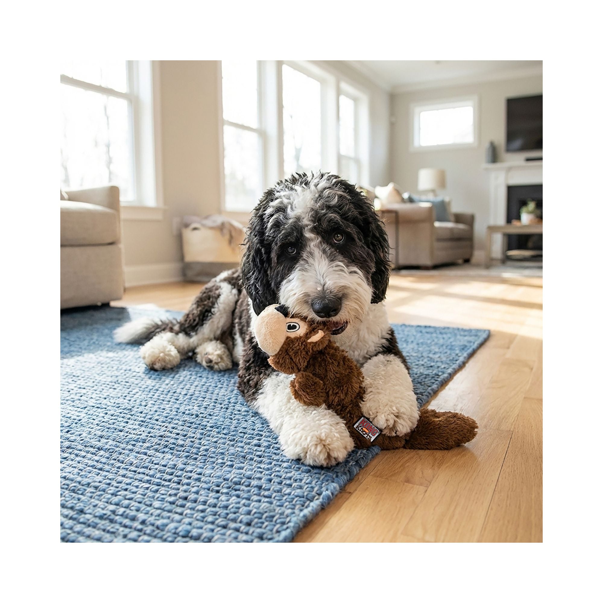 A black-and-white dog lying on a blue textured rug in a bright living room, holding a plush brown KONG Scrunch Knots Squirrel dog toy.