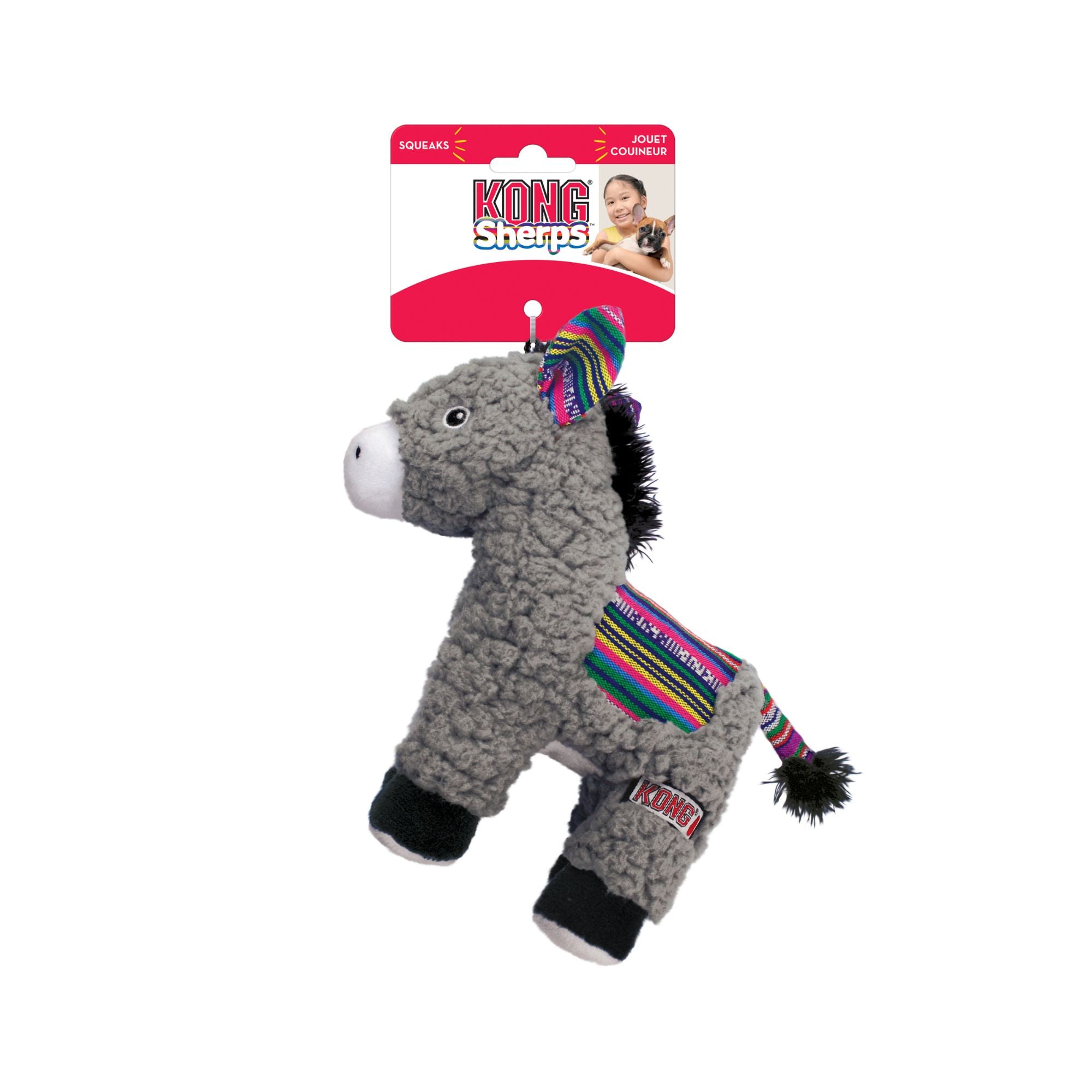 Grey KONG Sherps Donkey soft toy attached to its official KONG branded cardboard hang packaging.