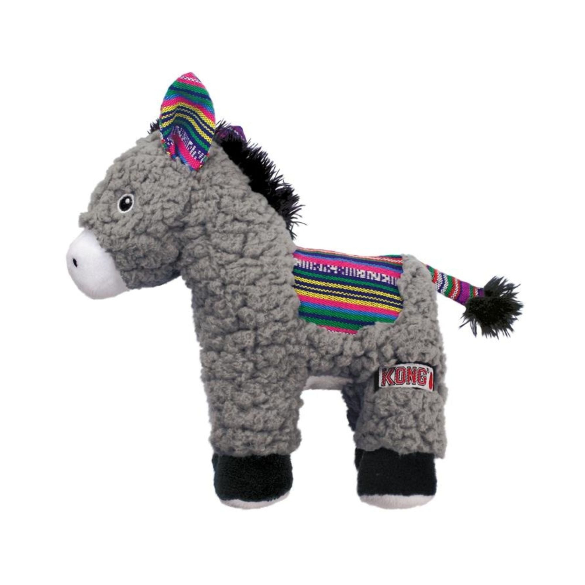KONG Sherps Donkey plush dog toy in grey, side view standalone shot.