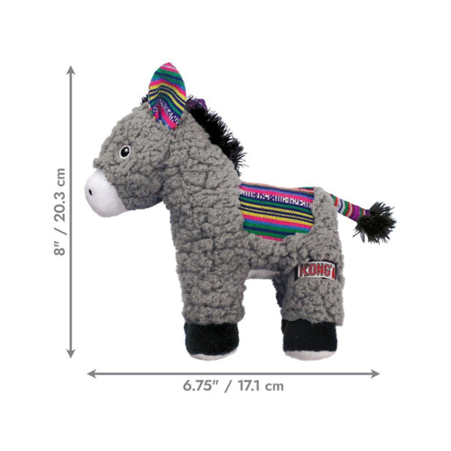 Side view diagram of KONG Sherps Donkey plush toy showing height and length dimensions.