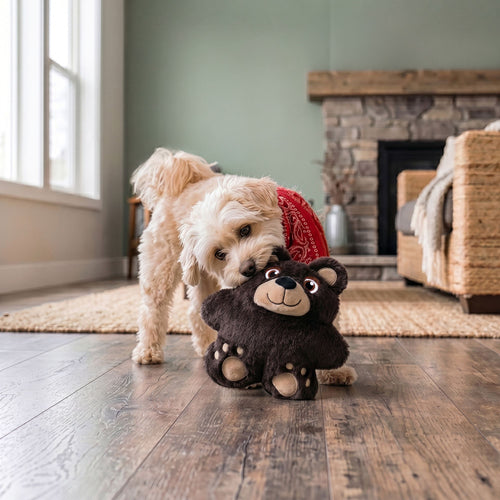 A dog indoors carrying a brown KONG Snuzzles Bear Dog Toy.
