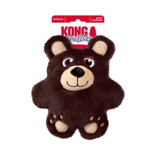 KONG Snuzzles Bear dog toy attached to official retail packaging.