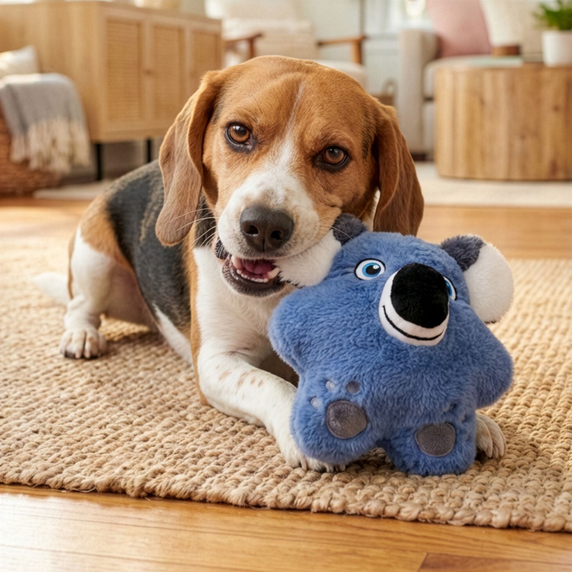 A dog indoors gently chewing on a KONG Snuzzles Koala Dog Toy.
