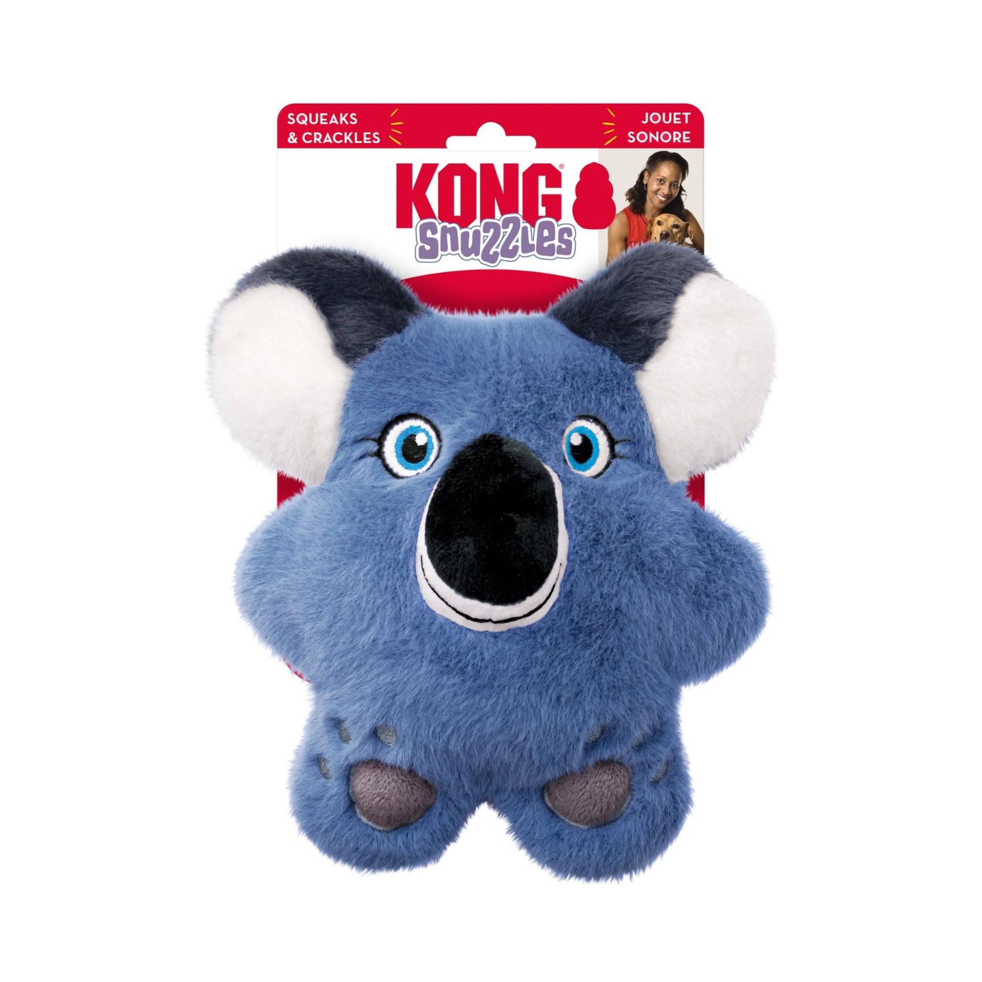 KONG Snuzzles Koala dog toy attached to official retail packaging.