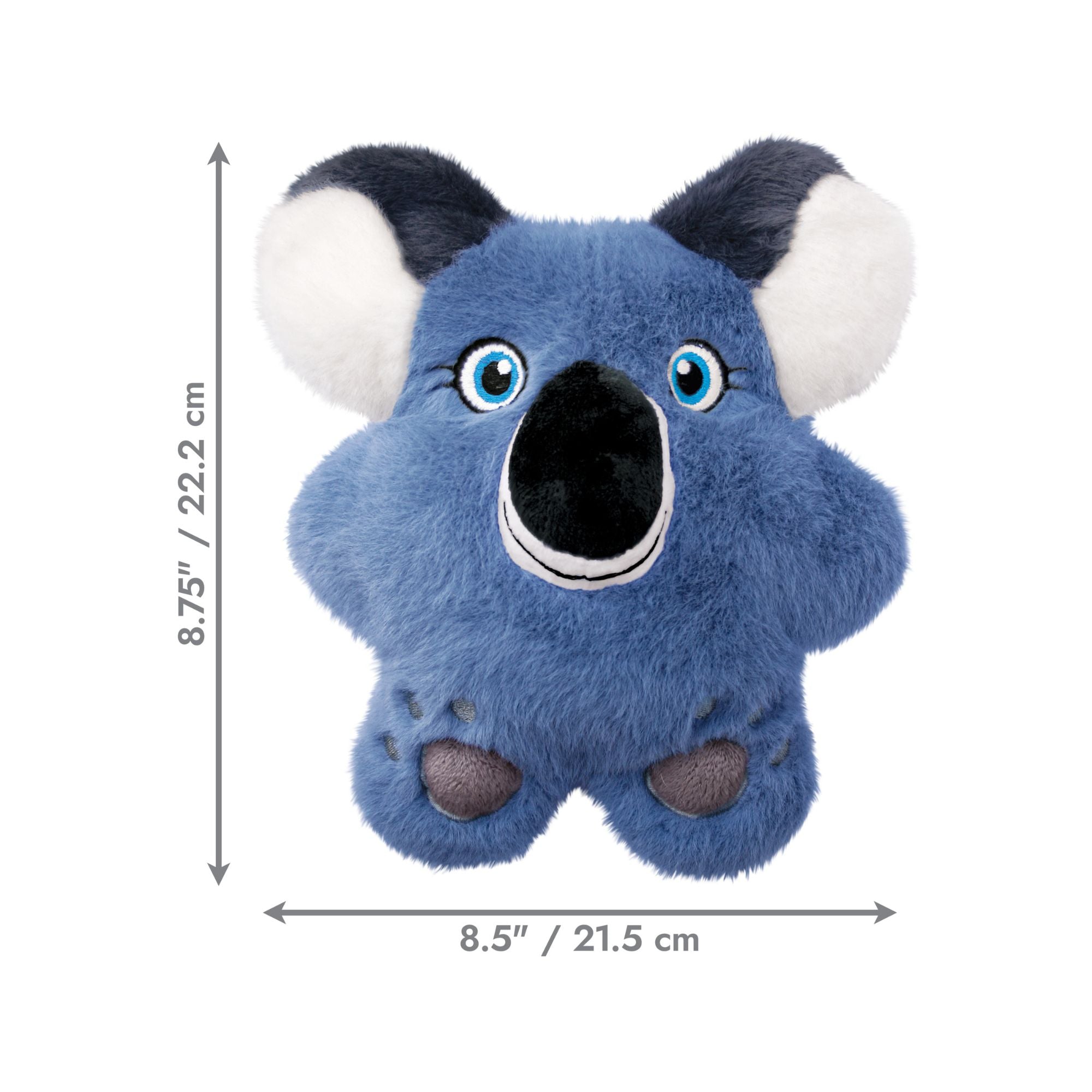 KONG Snuzzles Koala Dog Toy with dimensions of 8.5 × 8.75 inches (21.5 × 22.2 cm).
