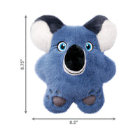 Size dimensions of the KONG Snuzzles Koala dog toy, showing 21.59 cm width and 22.23 cm height, ideal for medium-sized dogs.