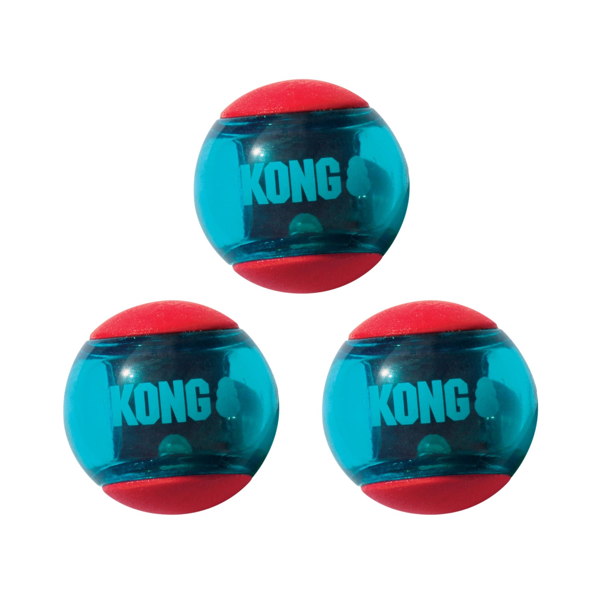 Three KONG Squeezz Action Ball dog toys arranged in a triangle on a plain white background. Each ball is translucent teal with red top and bottom bands and the KONG logo printed in teal on the front.