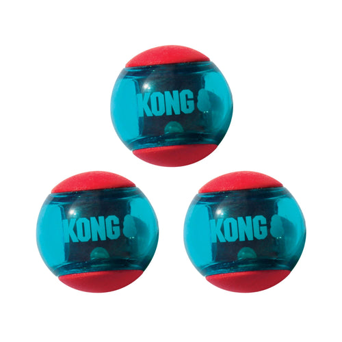 Three KONG Squeezz Action Ball dog toys arranged in a triangle on a plain white background. Each ball is translucent teal with red top and bottom bands and the KONG logo printed in teal on the front.