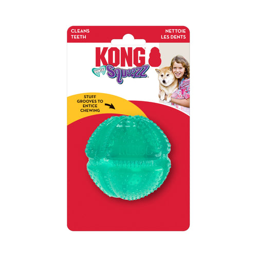 A packaged KONG Squeezz Dental Ball Medium in Teal - featuring its unique grooves to entice chewing