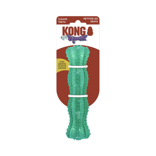 KONG Squeezz Dental Stick branded packaging featuring a teal stick-shaped chew toy for dogs.