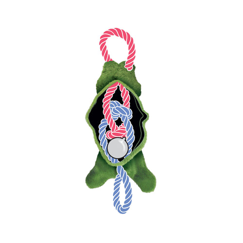 Illustration showing the KONG Tugger Knots Frog Dog Toy with its internal knotted rope core extending through, creating tug handles.