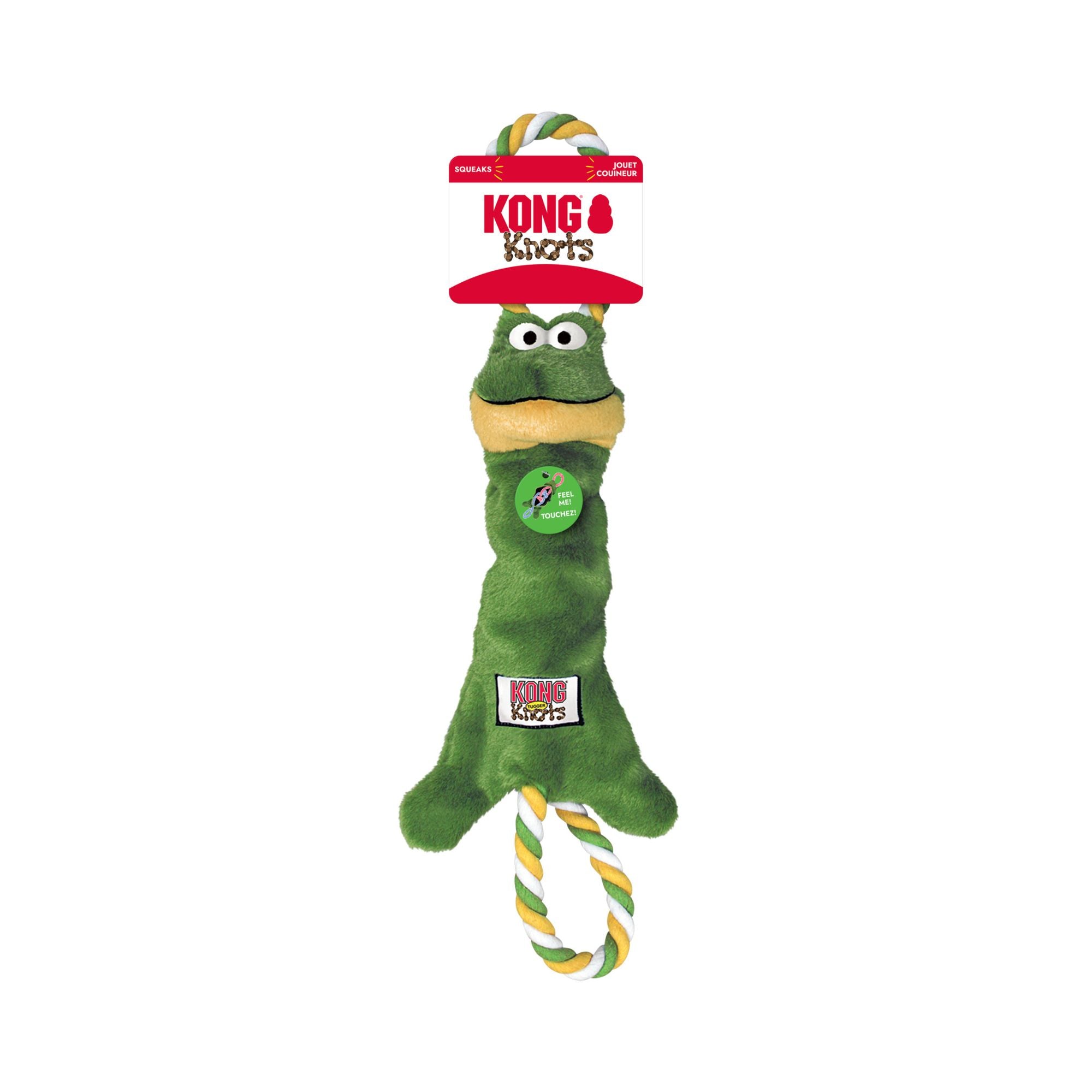 KONG Tugger Knots Frog Dog Toy in official retail packaging.