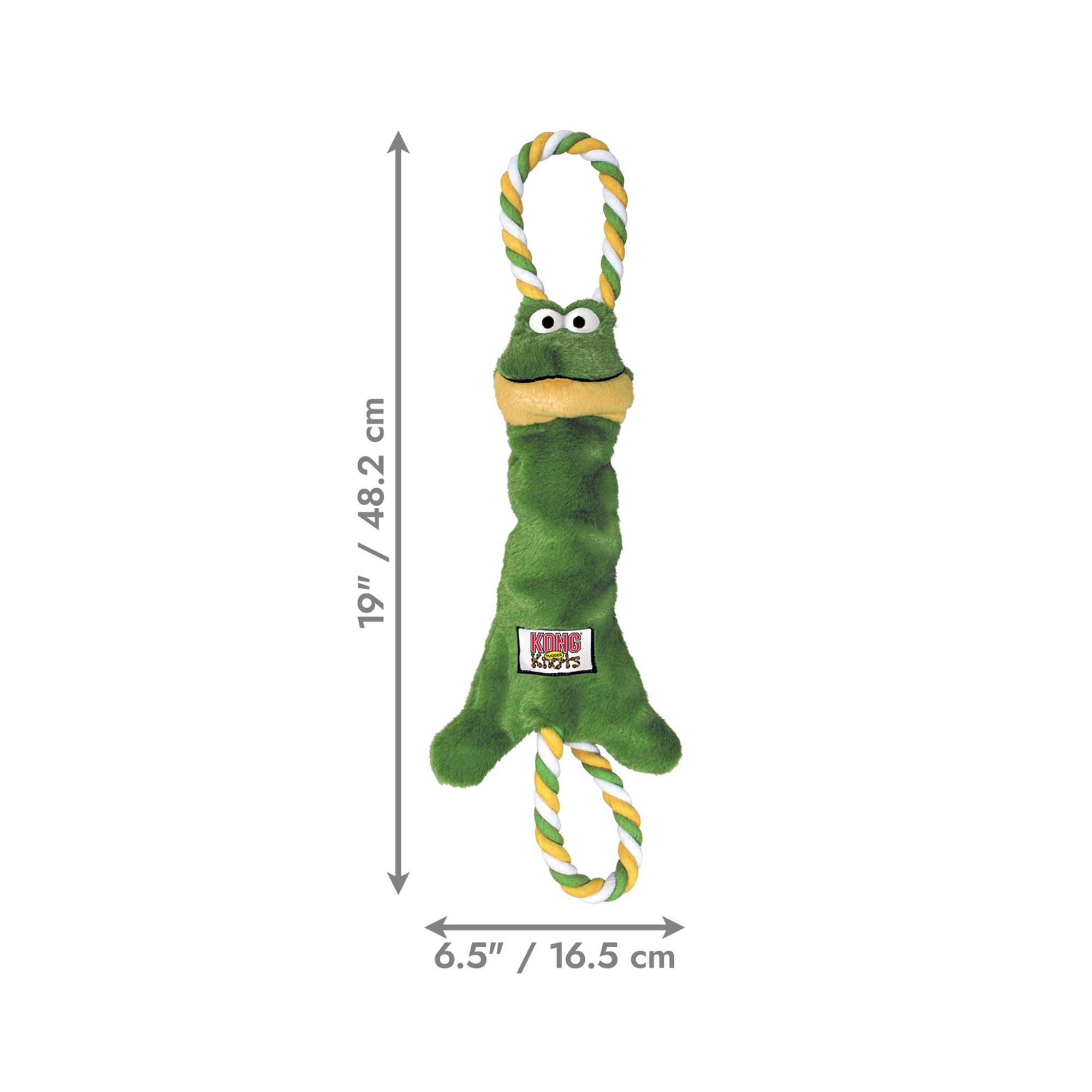 KONG Tugger Knots Frog Dog Toy with dimensions of 6.5 × 19 inches (16.5 × 48.2 cm).