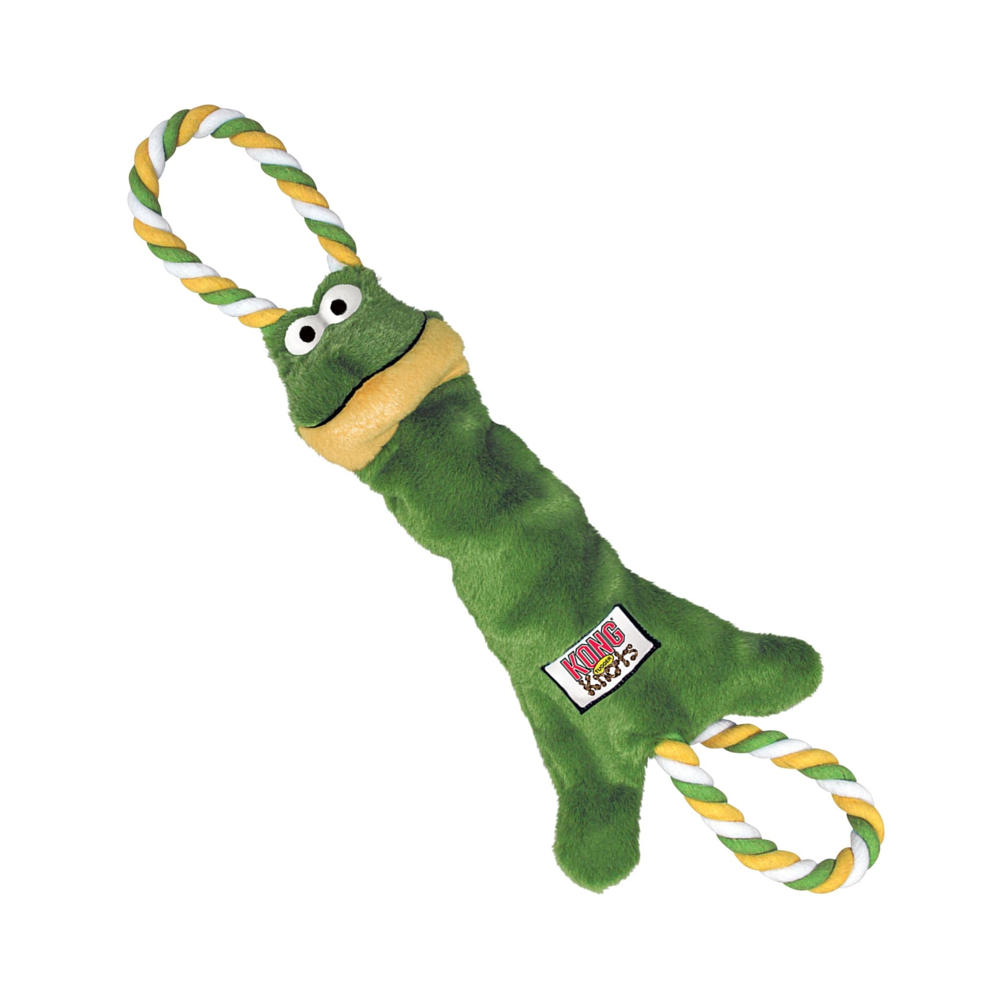 Plush green KONG Tugger Knots Frog Dog Toy on a white background.
