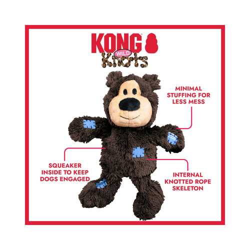 KONG Wild Knots Bears Dog Toy feature graphic highlighting internal knotted rope, reinforced plush body and minimal stuffing