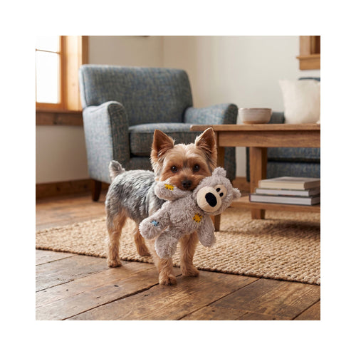 A small-medium dog stands on a wooden floor in a cosy living room, holding a plush grey KONG Wild Knots Bear Dog Toy in its mouth. The room has a blue-grey armchair, a wooden coffee table, and a woven rug.