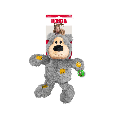 KONG Wild Knots Bear Dog Toy in Grey - Attached to branded packaging