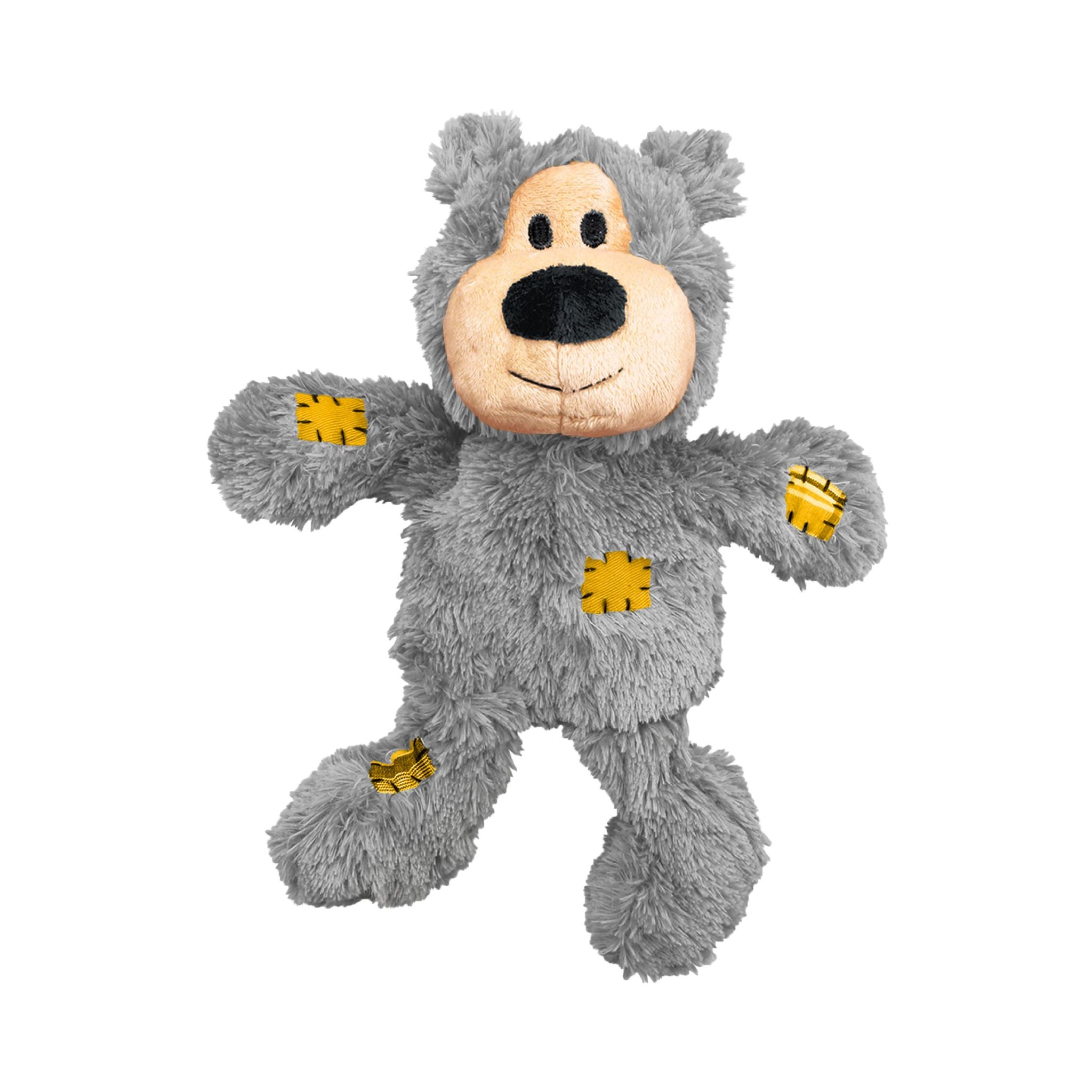 Grey KONG Wild Knots Bear plush dog toy with embroidered eyes, nose and mouth in the colour black.