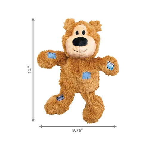 KONG Wild Knots Bear Dog Toy in Tan with blue patches showing dimesions in height and width