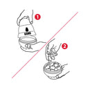 Instruction diagram showing two steps on how to use a KONG Wobbler Dog Treat Dispenser. Step 1 shows a hand lifting the lid, and step 2 shows a hand placing kibble into the container, with a red diagonal slash separating the steps on a white background.