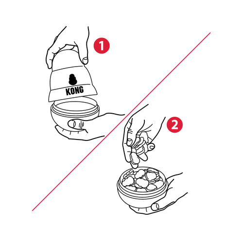 Instruction diagram showing two steps on how to use a KONG Wobbler Dog Treat Dispenser. Step 1 shows a hand lifting the lid, and step 2 shows a hand placing kibble into the container, with a red diagonal slash separating the steps on a white background.