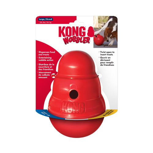 Large KONG Wobbler Dog Treat Dispenser in red, shown in its original retail packaging with a white and red backing card featuring the KONG brand logo and product details.