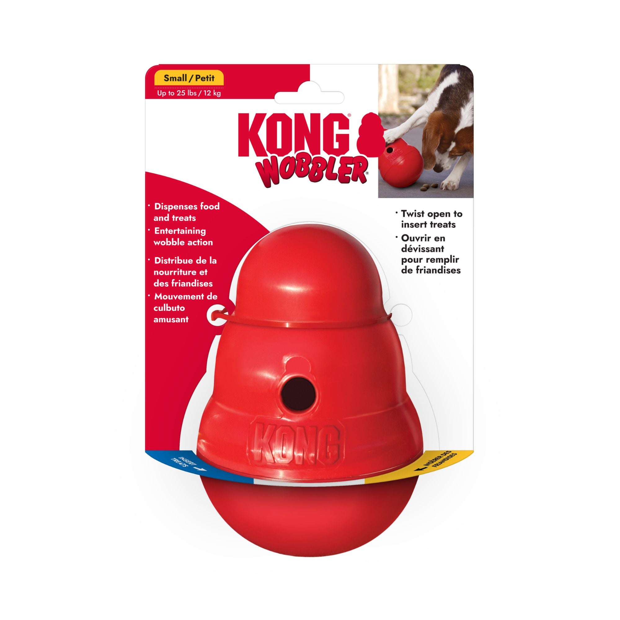 KONG Wobbler Dog Treat Dispenser in red, packaged on a white and red cardboard backing with product details and a small dog photo.