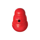 A small red KONG Wobbler Dog Treat Dispenser, shown on a plain white background. The embossed brand name 'KONG' is visible on the front of product, which features a circular hole for dispensing food or treats.