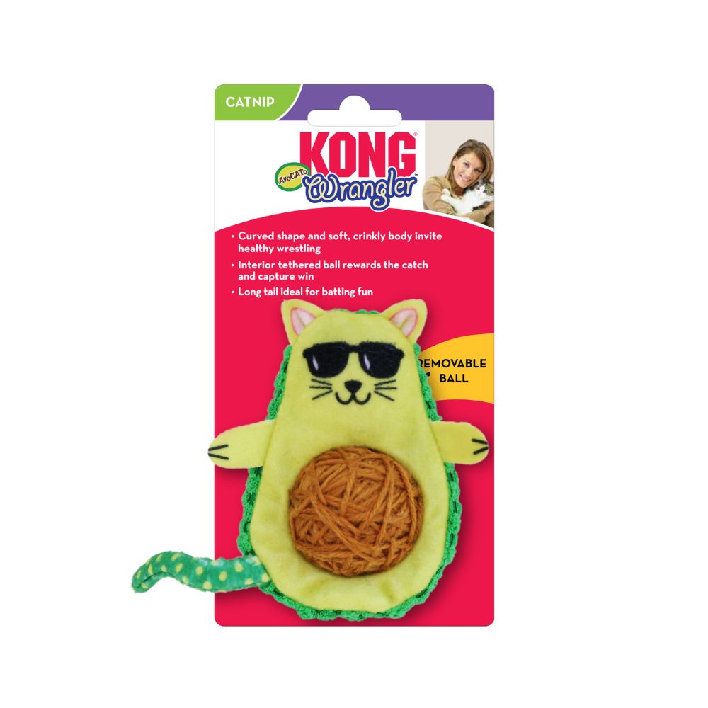 Retail packaging with attached Catnip-infused KONG Wrangler toy for stimulating feline play.