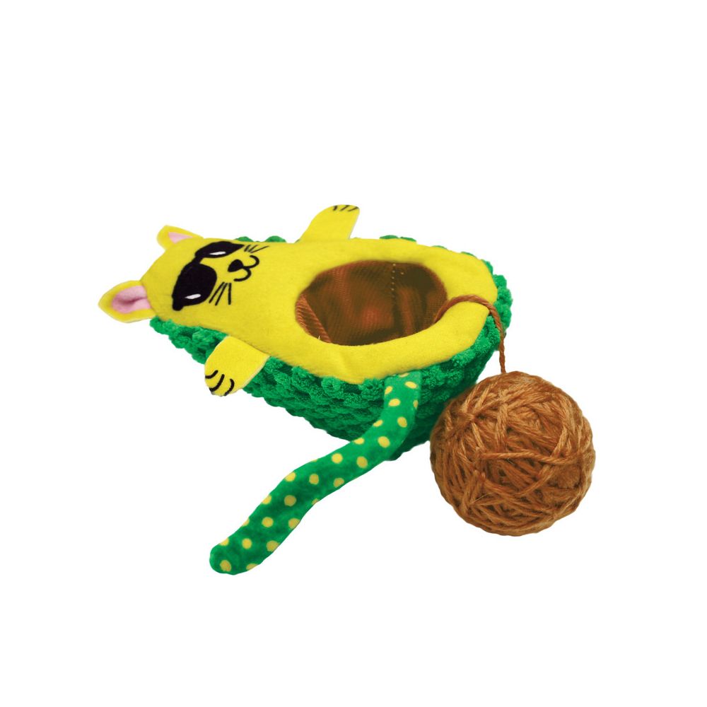 Crinkly soft-bodied KONG AvoCATo toy with tethered yarn ball for cats.