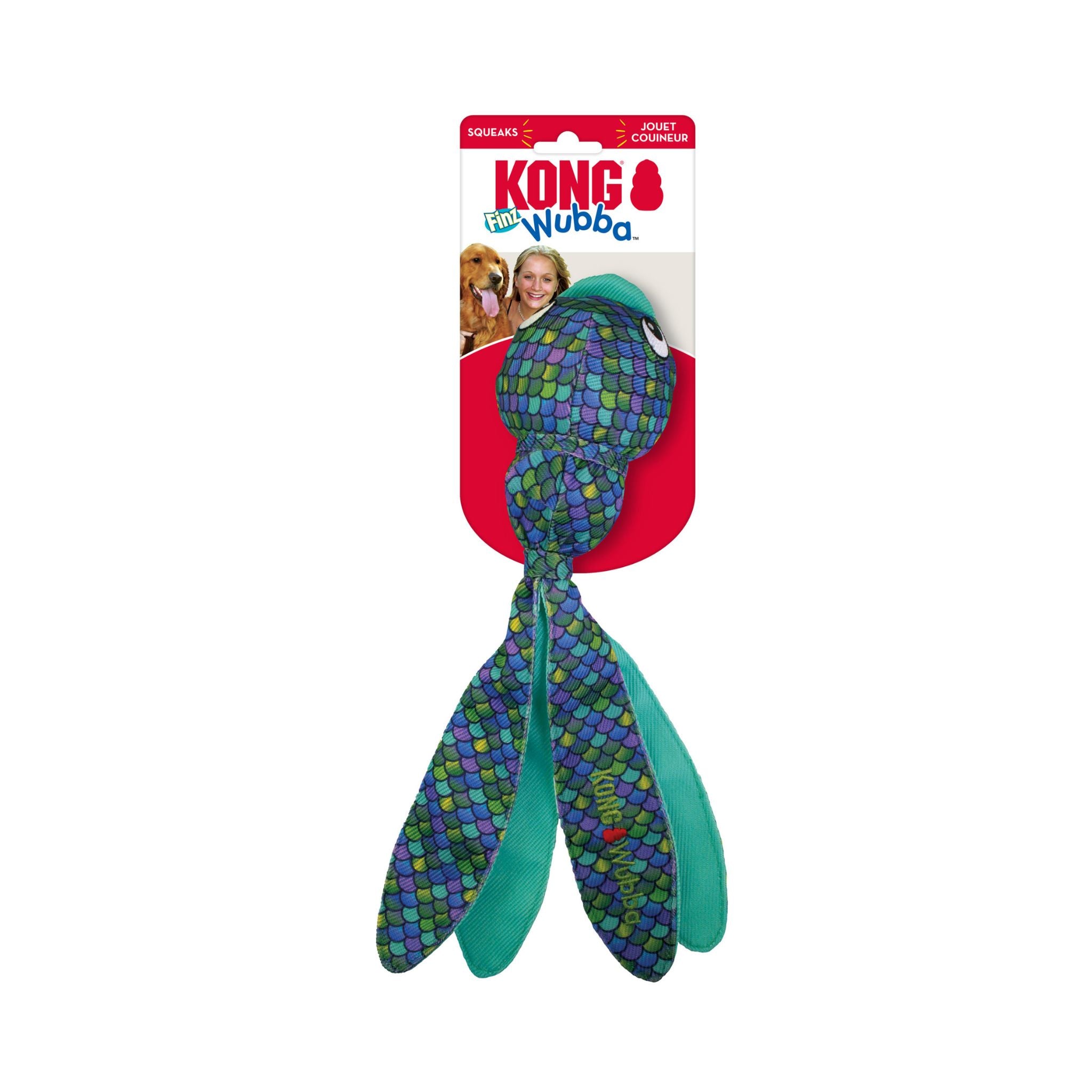 Blue KONG Wubba Finz dog toy displayed in its branded retail packaging featuring the toys long tails.