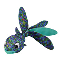 Blue KONG Wubba Finz dog toy featuring a happy fish face and long tails for interactive shake and tugging play.