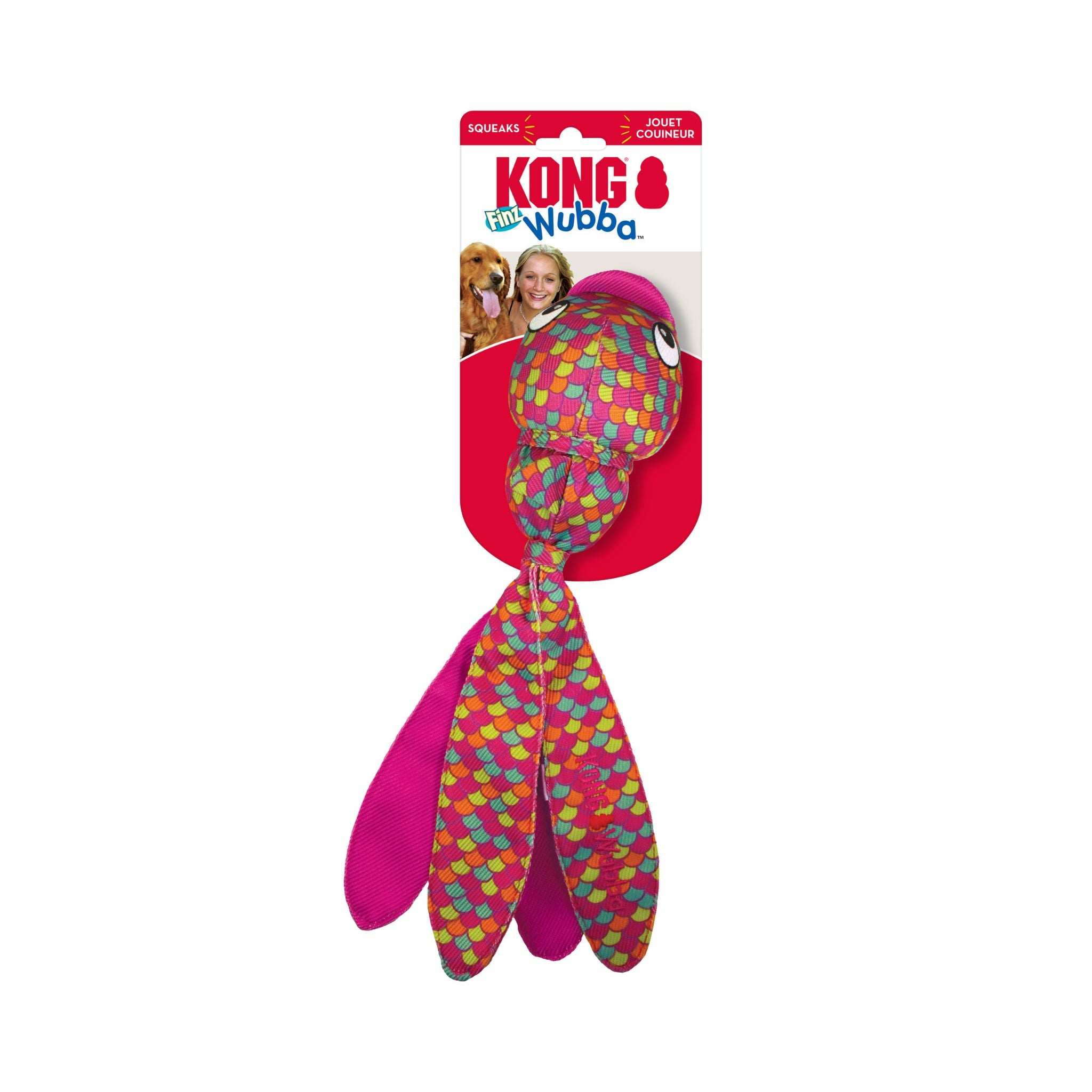 KONG Wubba Finz pink dog toy featuring the toys long tails its branded retail packaging. 