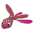 KONG Wubba Finz dog toy in pink with long tails for shaking and tugging. The top features a smiling fish face, making it a fun interactive toy for dogs.