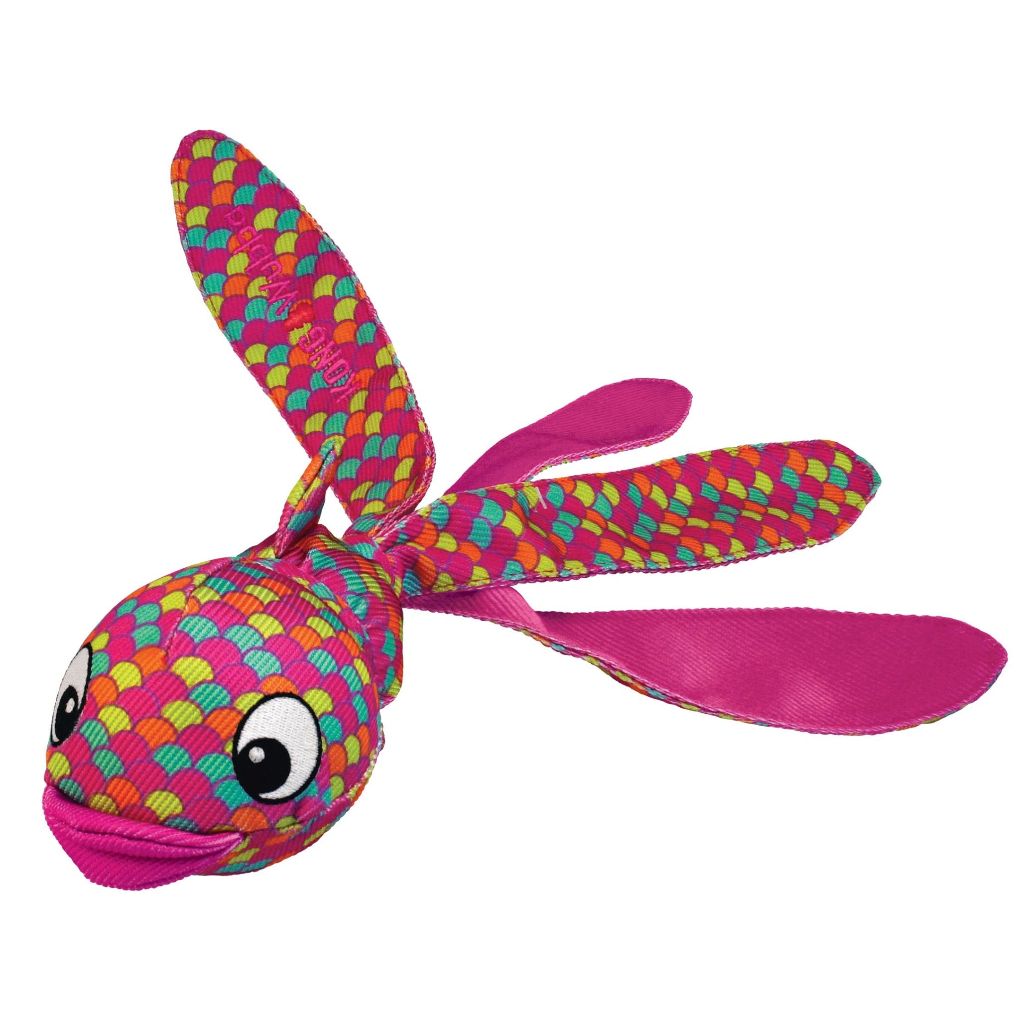 KONG Wubba Finz dog toy in pink with long tails for shaking and tugging. The top features a smiling fish face, making it a fun interactive toy for dogs.