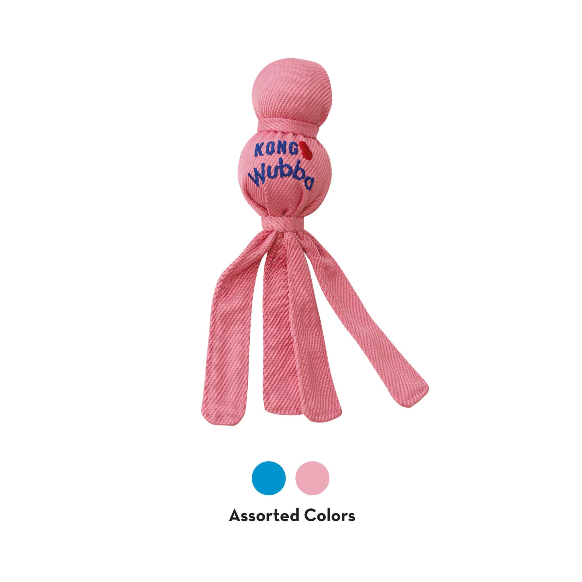 KONG Wubba Puppy dog toy showing pink variant with blue and pink assorted colour options available.