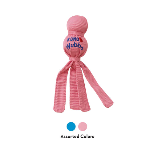 KONG Wubba Puppy dog toy showing pink variant with blue and pink assorted colour options available.