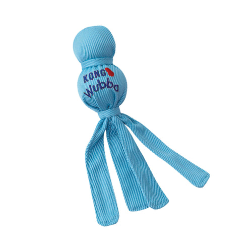 Blue KONG Wubba Puppy dog toy featuring durable fabric tails and a squeaker for interactive play.