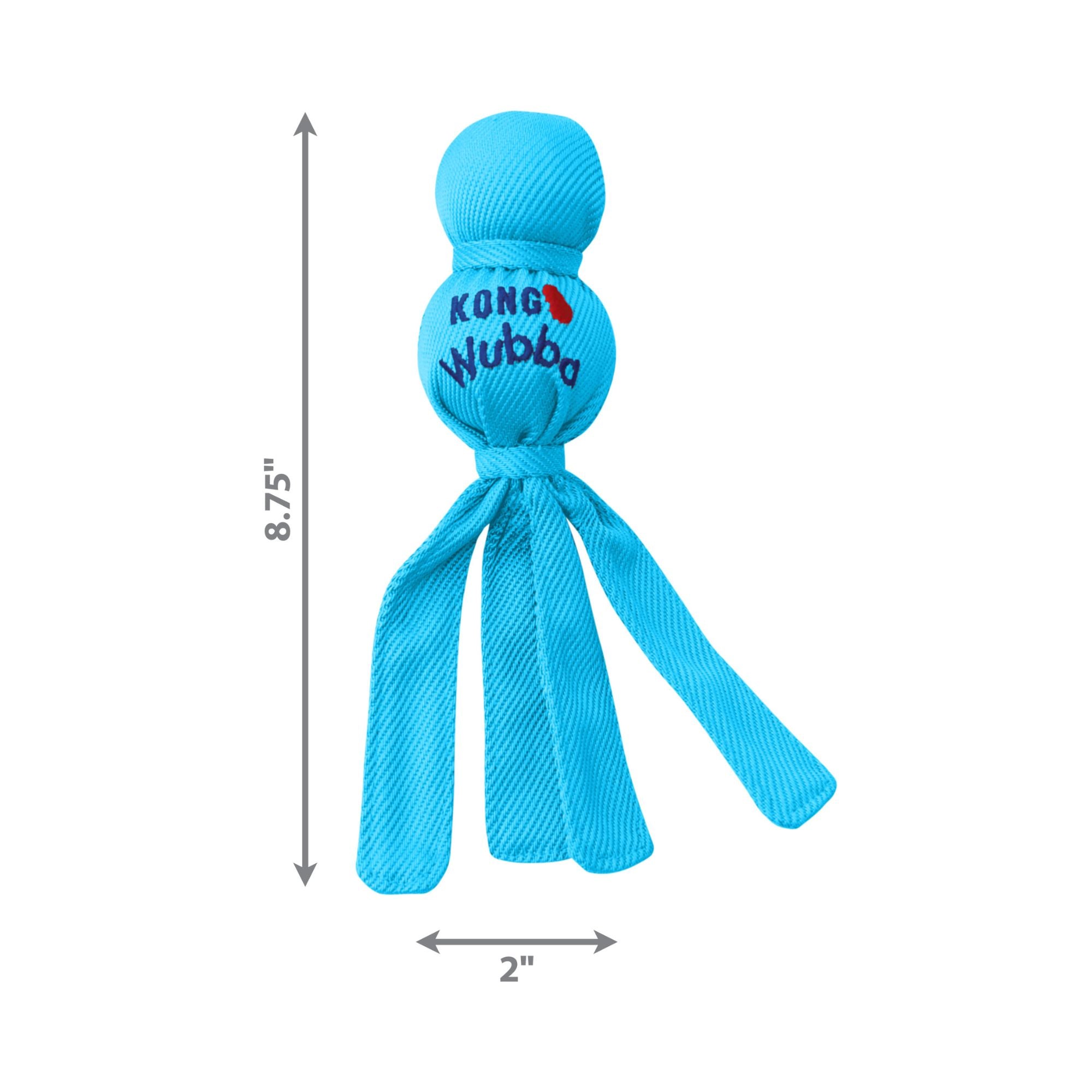 KONG Wubba Puppy dog toy with product dimensions shown in inches.