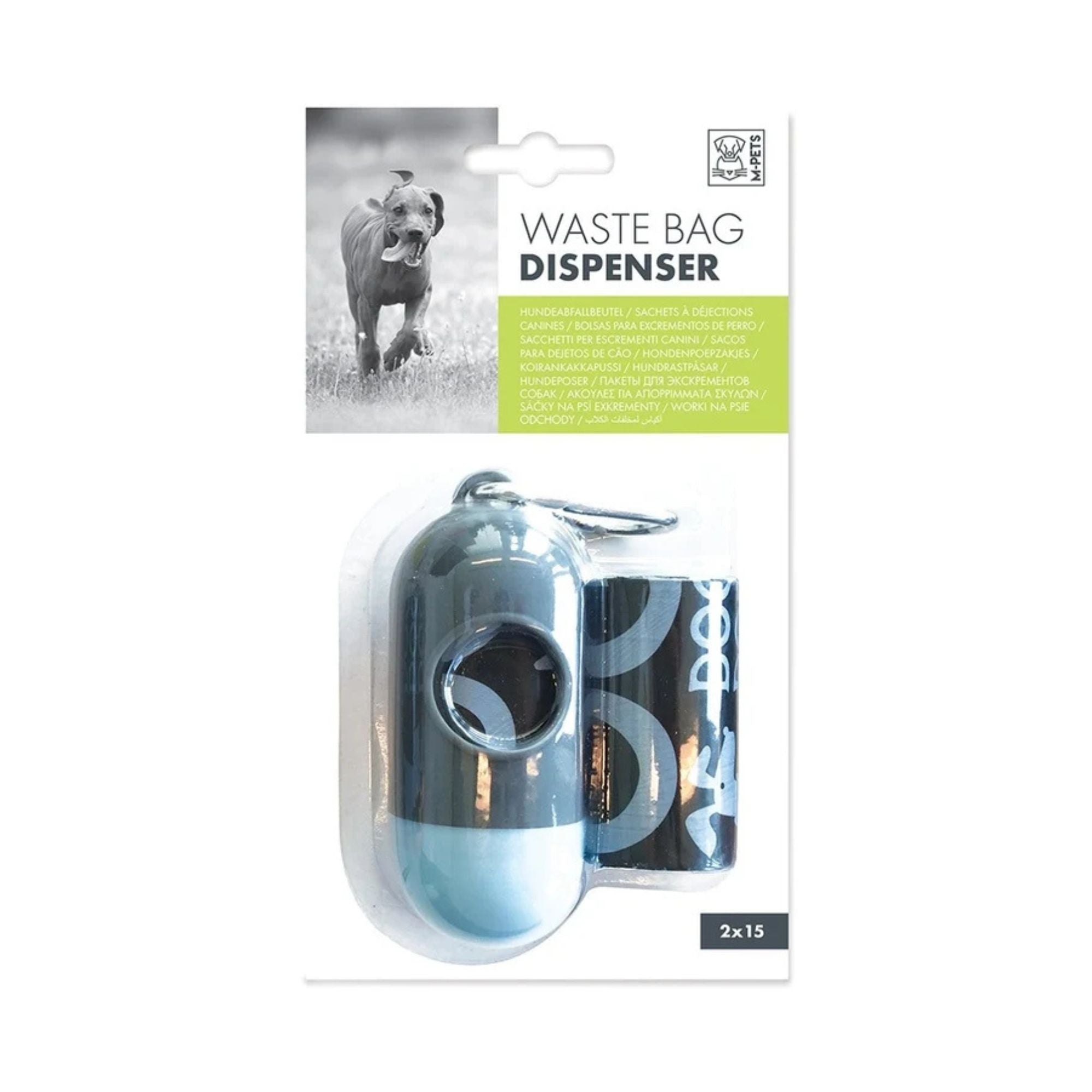 M-PETS charcoal and blue waste bag dispenser in retail packaging